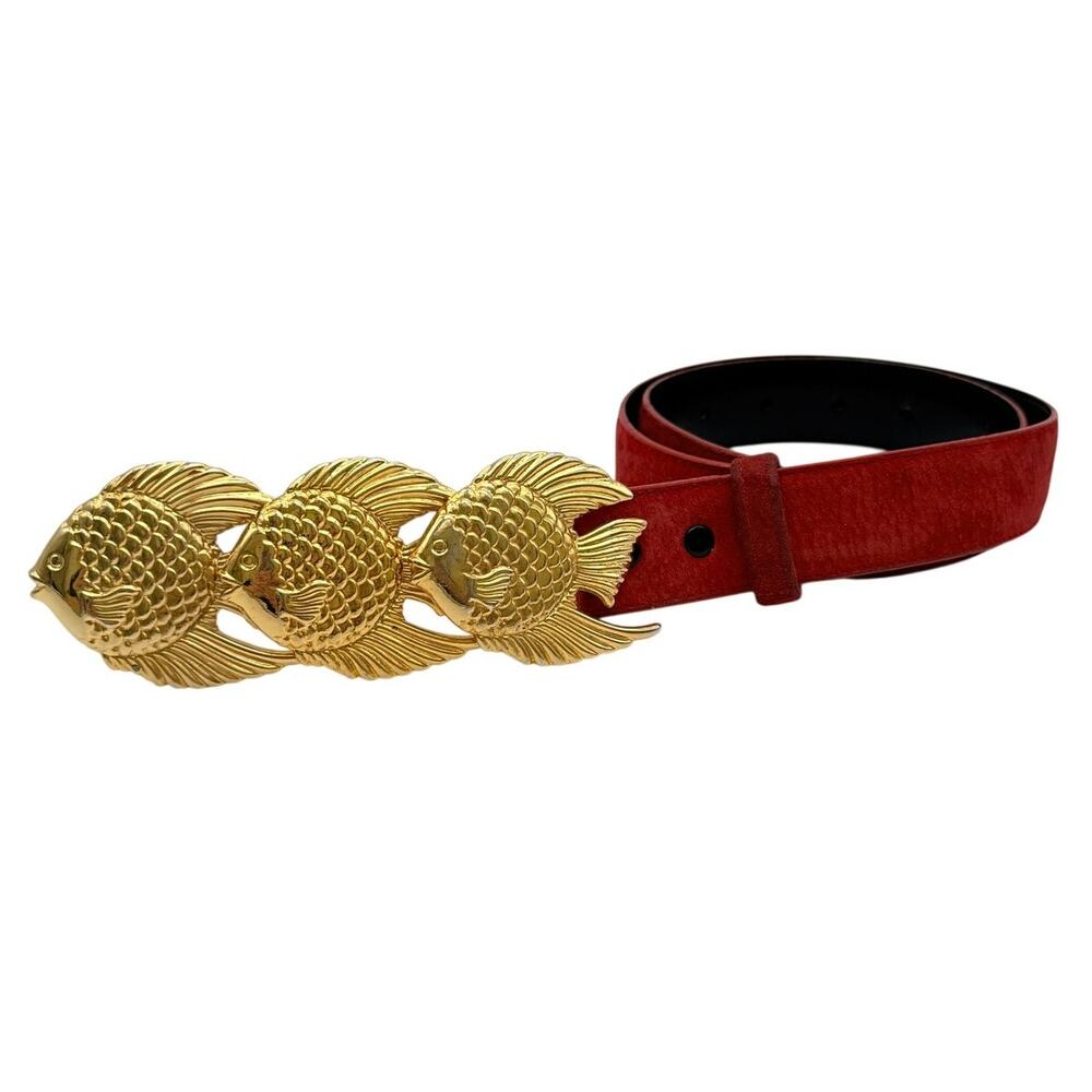 Vintage Red Suede Leather Belt Gold Triple Fish Buckle 80s 90s Maximalism Glam